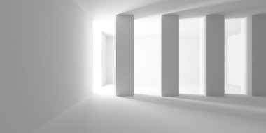 Minimalist oda alanı. Beyaz, temiz, içi boş bir mimari. 3d oluşturma