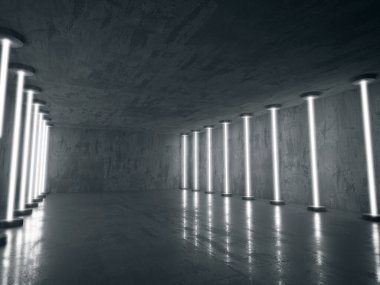 Karanlık odada neon ve neon ışıklar. Fütürist bilimkurgu parlayan ışıkları. 3d oluşturma