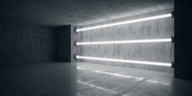 Neon ve mavi neon ışıklar karanlık odada. Işık çizgileri olan fütürist bilimkurgu modern iç mekan. 3d oluşturma