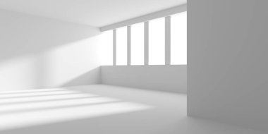 Minimalist oda alanı. Beyaz, temiz, içi boş bir mimari. 3d oluşturma