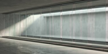 Soyut fütürist beton ve cam mimarisi. Minimalist iç mekan. 3d oluşturma