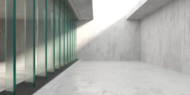 Soyut fütürist beton ve cam mimarisi. Minimalist iç mekan. 3d oluşturma