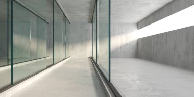 Soyut fütürist beton ve cam mimarisi. Minimalist iç mekan. 3d oluşturma