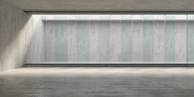 Soyut fütürist beton ve cam mimarisi. Minimalist iç mekan. 3d oluşturma
