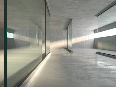 Soyut fütürist beton ve cam mimarisi. Minimalist iç mekan. 3d oluşturma