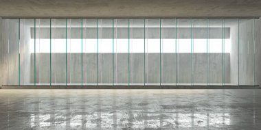 Soyut fütürist beton ve cam mimarisi. Minimalist iç mekan. 3d oluşturma