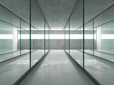 Soyut fütürist beton ve cam mimarisi. Minimalist iç mekan. 3d oluşturma
