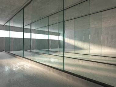 Soyut fütürist beton ve cam mimarisi. Minimalist iç mekan. 3d oluşturma
