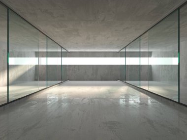 Soyut fütürist beton ve cam mimarisi. Minimalist iç mekan. 3d oluşturma