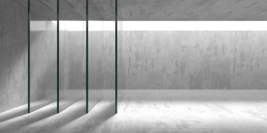 Soyut fütürist beton ve cam mimarisi. Minimalist iç mekan. 3d oluşturma