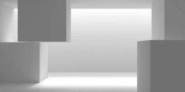 Minimalist oda alanı. Beyaz, temiz, içi boş bir mimari. 3d oluşturma