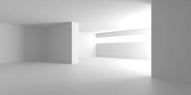 Minimalist oda alanı. Beyaz, temiz, içi boş bir mimari. 3d oluşturma