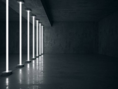 Neon ve mavi neon ışıklar karanlık odada. Işık çizgileri olan fütürist bilimkurgu modern iç mekan. 3d oluşturma