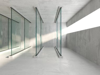 Soyut fütürist beton ve cam mimarisi. Minimalist iç mekan. 3d oluşturma