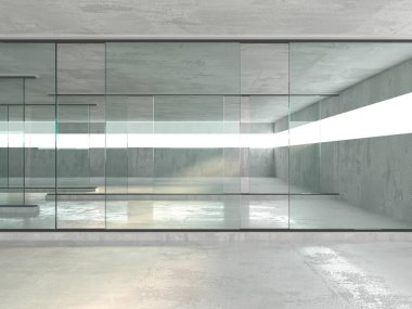 Soyut fütürist beton ve cam mimarisi. Minimalist iç mekan. 3d oluşturma