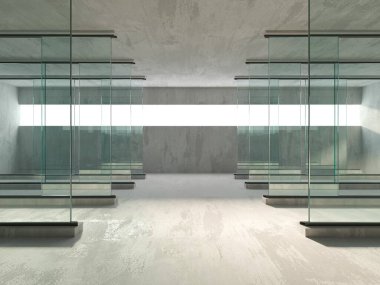Soyut fütürist beton ve cam mimarisi. Minimalist iç mekan. 3d oluşturma