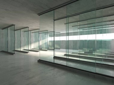 Soyut fütürist beton ve cam mimarisi. Minimalist iç mekan. 3d oluşturma