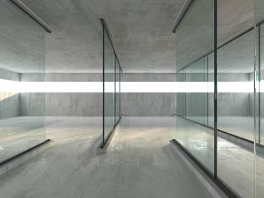 Soyut fütürist beton ve cam mimarisi. Minimalist iç mekan. 3d oluşturma