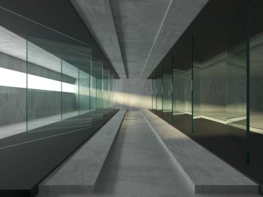 Soyut fütürist beton ve cam mimarisi. Minimalist iç mekan. 3d oluşturma