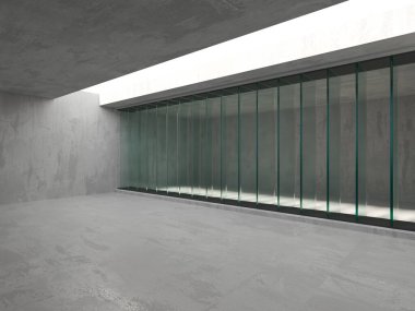 Soyut fütürist beton ve cam mimarisi. Minimalist iç mekan. 3d oluşturma