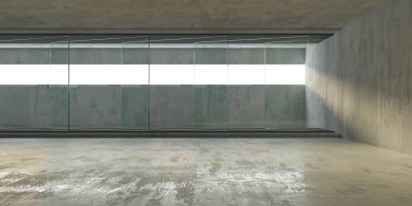 Soyut fütürist beton ve cam mimarisi. Minimalist iç mekan. 3d oluşturma