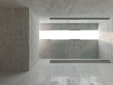 Soyut fütürist beton ve cam mimarisi. Minimalist iç mekan. 3d oluşturma