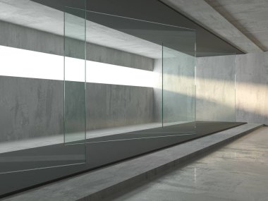 Soyut fütürist beton ve cam mimarisi. Minimalist iç mekan. 3d oluşturma