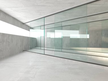 Soyut fütürist beton ve cam mimarisi. Minimalist iç mekan. 3d oluşturma