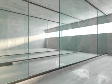 Soyut fütürist beton ve cam mimarisi. Minimalist iç mekan. 3d oluşturma