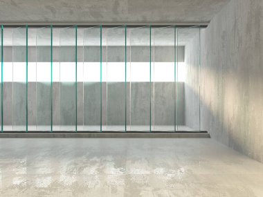 Soyut fütürist beton ve cam mimarisi. Minimalist iç mekan. 3d oluşturma