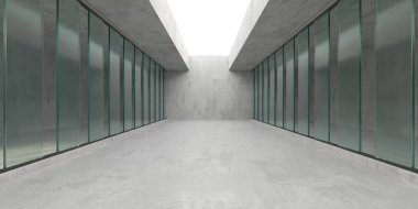Soyut fütürist beton ve cam mimarisi. Minimalist iç mekan. 3d oluşturma