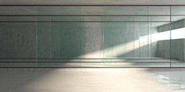 Soyut fütürist beton ve cam mimarisi. Minimalist iç mekan. 3d oluşturma
