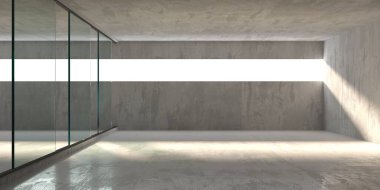 Soyut fütürist beton ve cam mimarisi. Minimalist iç mekan. 3d oluşturma