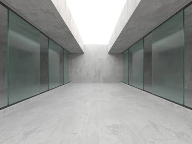Soyut fütürist beton ve cam mimarisi. Minimalist iç mekan. 3d oluşturma