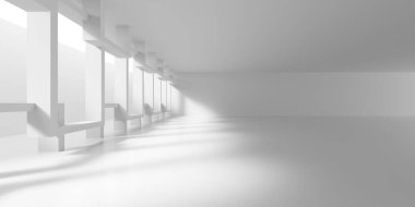 Minimalist oda alanı. Beyaz, temiz, içi boş bir mimari. 3d oluşturma