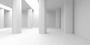 Minimalist oda alanı. Beyaz, temiz, içi boş bir mimari. 3d oluşturma