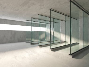 Soyut fütürist beton ve cam mimarisi. Minimalist iç mekan. 3d oluşturma