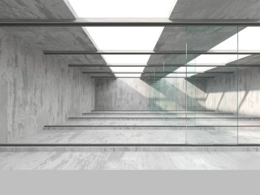 Boş bir oturma odası iç tasarımı. Beton ve cam duvarlar. 3d oluşturma