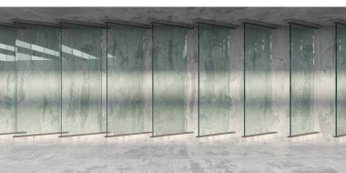 Boş bir oturma odası iç tasarımı. Beton ve cam duvarlar. 3d oluşturma