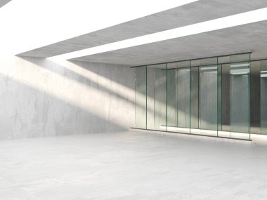Boş bir oturma odası iç tasarımı. Beton ve cam duvarlar. 3d oluşturma