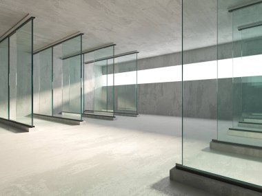 Soyut fütürist beton ve cam mimarisi. Minimalist iç mekan. 3d oluşturma