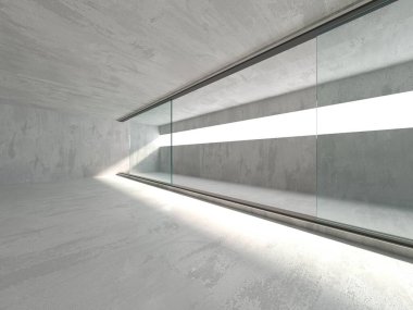 Soyut fütürist beton ve cam mimarisi. Minimalist iç mekan. 3d oluşturma