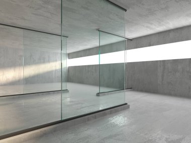 Soyut fütürist beton ve cam mimarisi. Minimalist iç mekan. 3d oluşturma