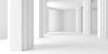 Minimalist oda alanı. Beyaz, temiz, içi boş bir mimari. 3d oluşturma