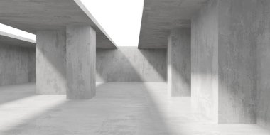 Beton duvarlı pis bir oda. Eski taş döşeme. 3d oluşturma