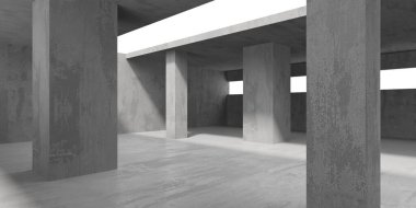 Beton duvarlı pis bir oda. Eski taş döşeme. 3d oluşturma