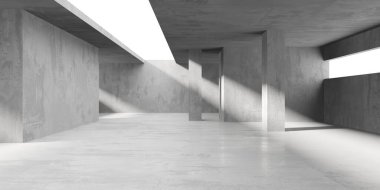 Beton duvarlı pis bir oda. Eski taş döşeme. 3d oluşturma