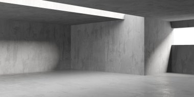 Soyut iç yapısı olan beton bir oda. Açık alan. Sanayi arka plan şablonu. 3d oluşturma