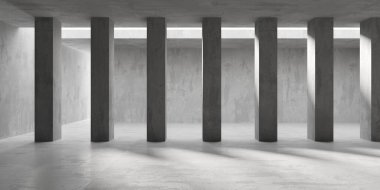 Beton duvarlı pis bir oda. Eski taş döşeme. 3d oluşturma