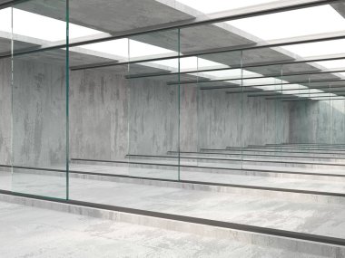 Boş bir oturma odası iç tasarımı. Beton ve cam duvarlar. 3d oluşturma